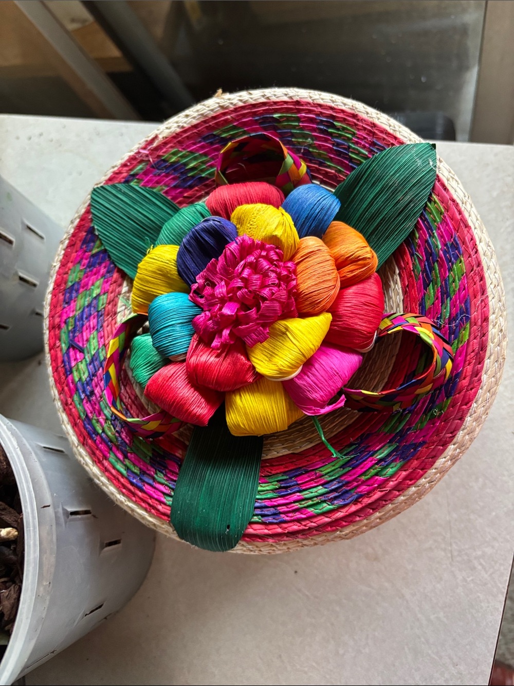 Handwoven Multicolor Palm Tortillero with Floral Accent From Oaxaca